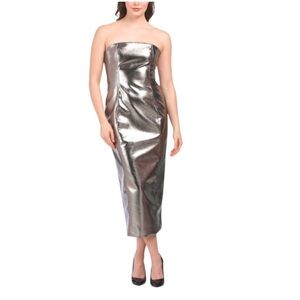7 FOR ALL MANKIND Sexy Metallic Bustier Midi Faux Leather Strapless Party Dress